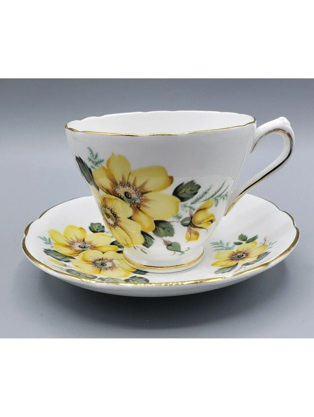 Vintage Regency Teacup & Saucer Fine Bone China Yellow Wild Rose England